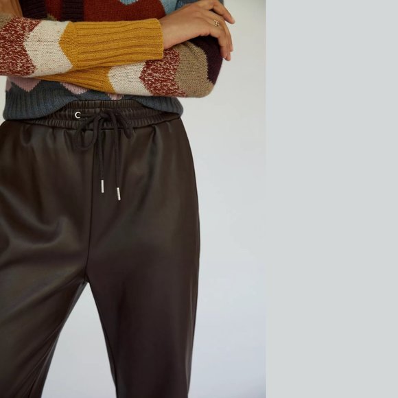 AVEC LES FILLES Faux Leather Drawstring Jogger Pants In Black Size Medium - Picture 2 of 9